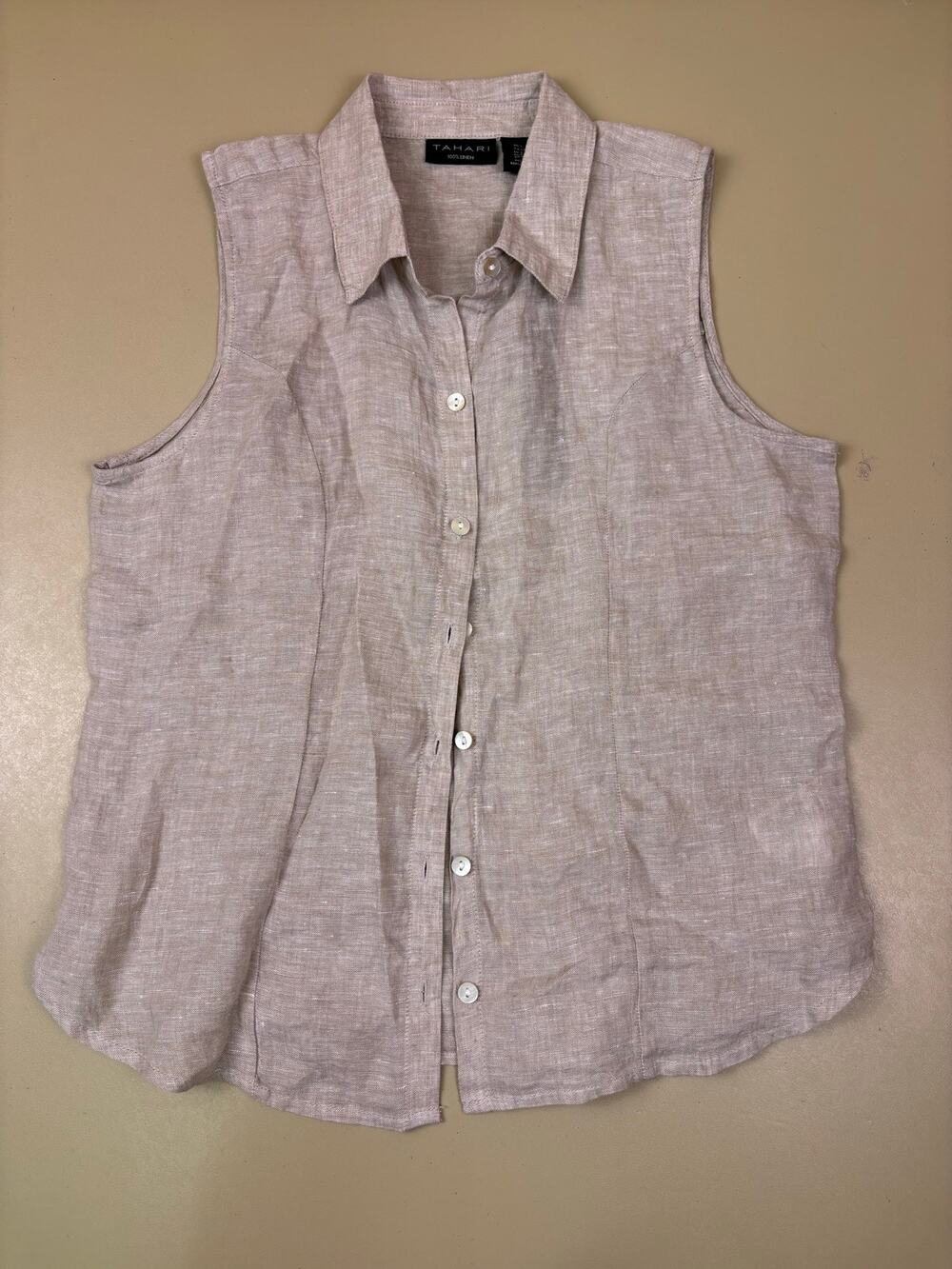 Women’s 100% Linen Sleeveless Button Down Shirt Small Taupe Tahari NWT